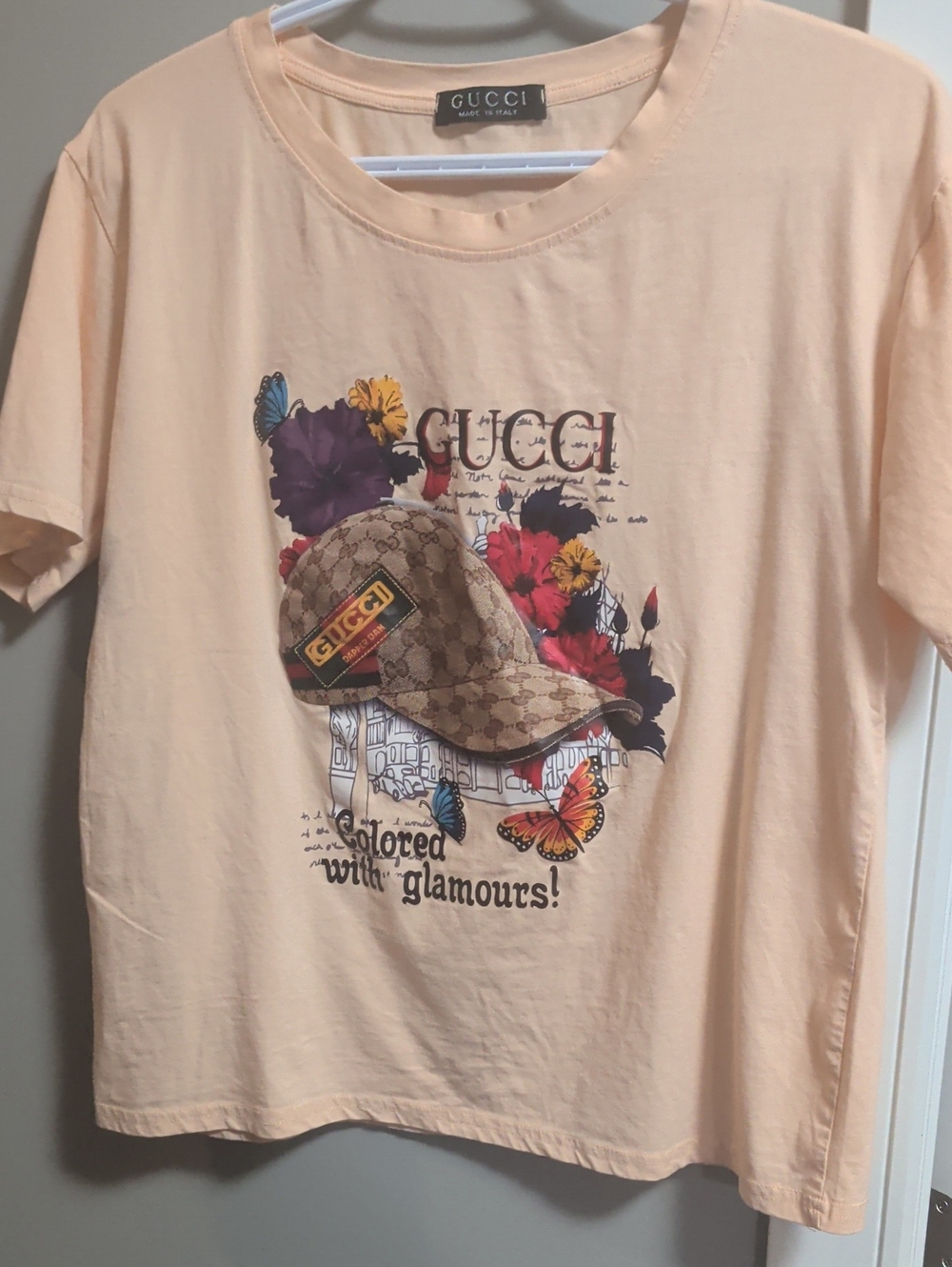 Gucci Woman's Medium Peach Tee with Multicolor Floral & Cap Motif